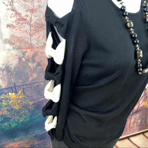 CeCe Black Cold Shoulder Bow Sleeve Sweater - Picture 4 of 10